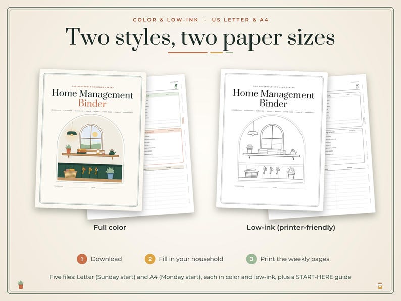 Puede incluir: Un conjunto de carpetas digitales de gesti&oacute;n del hogar en dos estilos: a todo color y de bajo consumo de tinta. Incluye tama&ntilde;os US Letter y A4. La portada muestra una ventana, un estante con plantas y el texto Home Management Binder.