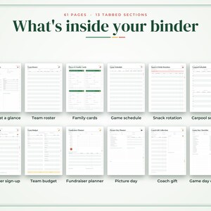 Może przedstawiać: Cyfrowy segregator z 61 stronami i 13 sekcjami z zakładkami zatytułowany What's inside your binder. Zawiera dwanaście szablon&oacute;w dokument&oacute;w, w tym przegląd sezonu, skład zespołu, karty rodzinne, harmonogram gier, rotację przekąsek i plan przejazd&oacute;w.