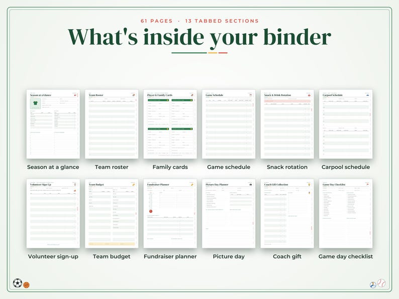 Może przedstawiać: Cyfrowy segregator z 61 stronami i 13 sekcjami z zakładkami zatytułowany What's inside your binder. Zawiera dwanaście szablon&oacute;w dokument&oacute;w, w tym przegląd sezonu, skład zespołu, karty rodzinne, harmonogram gier, rotację przekąsek i plan przejazd&oacute;w.