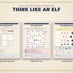 K&ouml;nnte beinhalten: Drei p&auml;dagogische Arbeitsbl&auml;tter mit dem Titel Think Like An Elf, die Logik-, Navigations- und Mathe-R&auml;tsel enthalten. Die Seiten umfassen das Logikgitter The Sleigh Sacks, die Karte The Flight Path und die mathematischen Gleichungen The Cookie Scales.