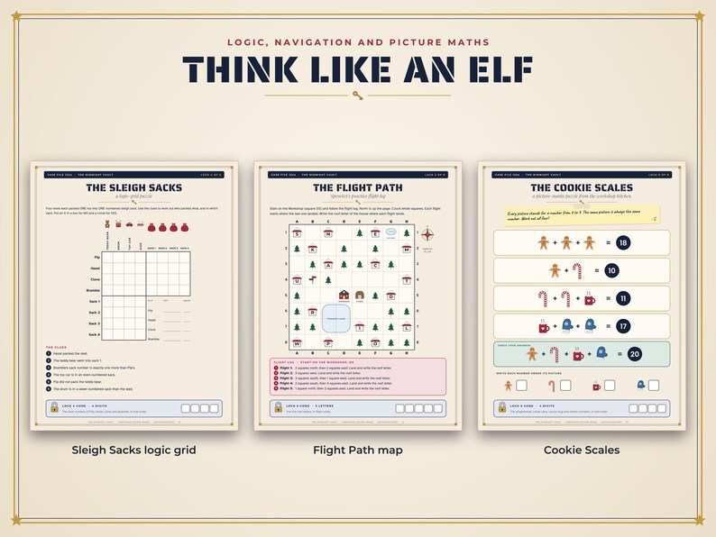 K&ouml;nnte beinhalten: Drei p&auml;dagogische Arbeitsbl&auml;tter mit dem Titel Think Like An Elf, die Logik-, Navigations- und Mathe-R&auml;tsel enthalten. Die Seiten umfassen das Logikgitter The Sleigh Sacks, die Karte The Flight Path und die mathematischen Gleichungen The Cookie Scales.
