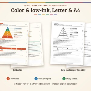 Pu&ograve; includere: Un set di documenti digitali stampabili intitolati Setting Priorities, con una piramide gerarchica, spiegazioni testuali e caselle di priorit&agrave; A, B, C. Include versioni a colori e a basso consumo di inchiostro per formati A4.