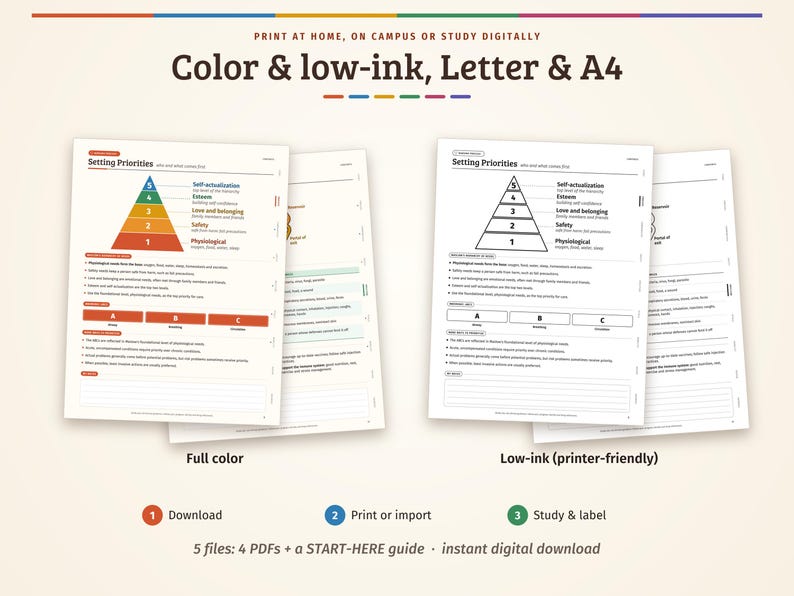 Pu&ograve; includere: Un set di documenti digitali stampabili intitolati Setting Priorities, con una piramide gerarchica, spiegazioni testuali e caselle di priorit&agrave; A, B, C. Include versioni a colori e a basso consumo di inchiostro per formati A4.