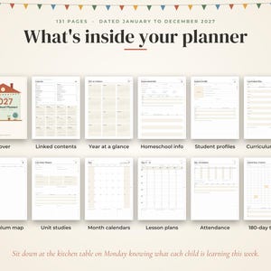 May include: A 131-page 2027 homeschool planner featuring a cover with a house illustration and various internal page layouts including linked contents, year at a glance, student profiles, curriculum plans, lesson plans, and a 180-day tracker.