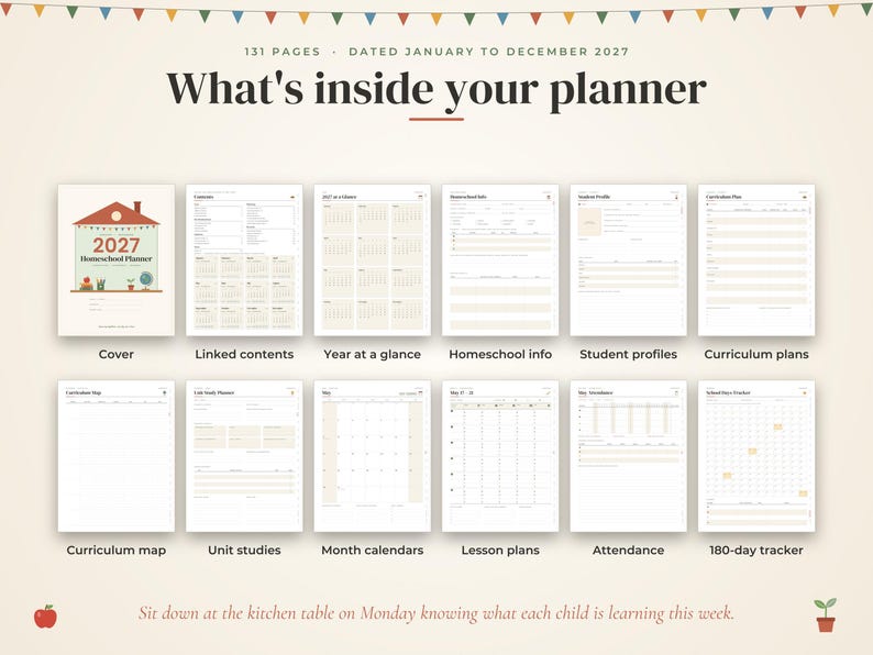 May include: A 131-page 2027 homeschool planner featuring a cover with a house illustration and various internal page layouts including linked contents, year at a glance, student profiles, curriculum plans, lesson plans, and a 180-day tracker.