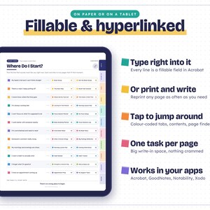 May include: A digital planner displayed on a tablet screen featuring the text Fillable & hyperlinked. The interface includes a list titled Where Do I Start? with color-coded rows, interactive fields, and navigation tabs for use in apps like Acrobat, GoodNotes, Notability, and Xodo.