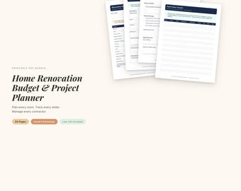 Planificateur de rénovation domiciliaire | Budget, entrepreneur, registre de peinture (téléchargement PDF)