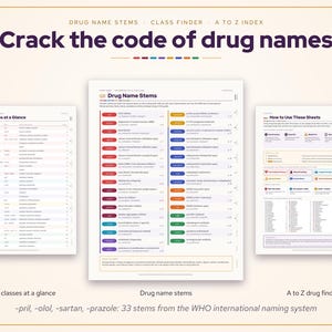 May include: Three educational reference sheets titled Crack the code of drug names, All 32 Classes at a Glance, Drug Name Stems, and How to Use These Sheets. The documents feature lists, color-coded categories, and text explaining drug naming.