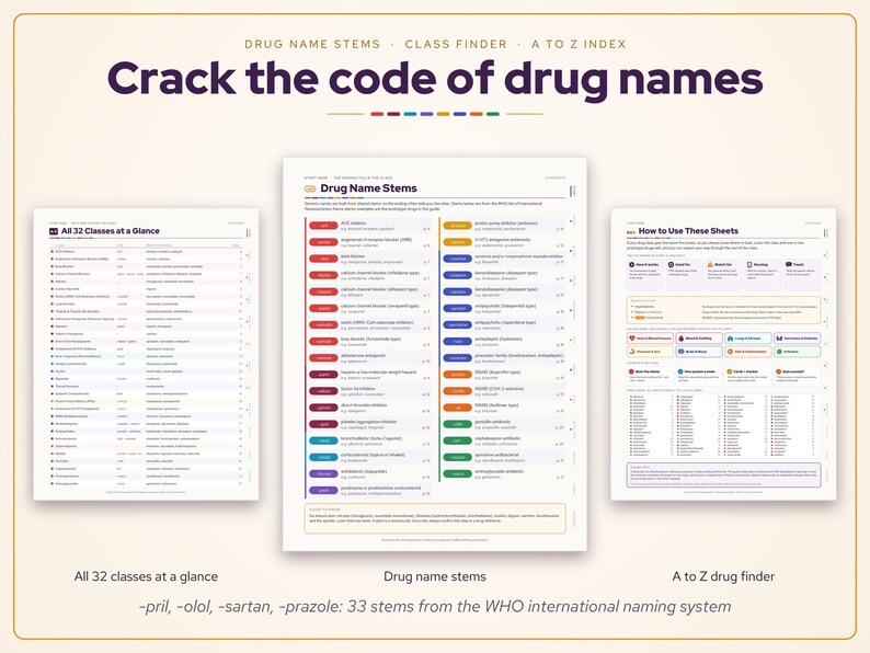 May include: Three educational reference sheets titled Crack the code of drug names, All 32 Classes at a Glance, Drug Name Stems, and How to Use These Sheets. The documents feature lists, color-coded categories, and text explaining drug naming.