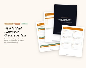 Planificateur de repas imprimable | Liste de courses hebdomadaire | Suivi de l'inventaire du garde-manger | Fiches recettes | Budget alimentaire PDF