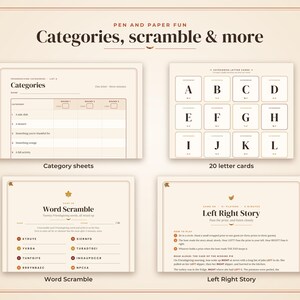 May include: A set of printable game sheets titled Pen and Paper Fun: Categories, Scramble & More. Includes category sheets, 20 letter cards, a word scramble page with jumbled Thanksgiving words, and a Left Right Story game with instructions.