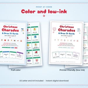 May include: A printable Christmas Charades and Draw It Cards game set featuring two versions: a full-color edition and a printer-friendly low-ink edition. The sheets include instructions, game cards with icons, and text prompts for holiday activities.