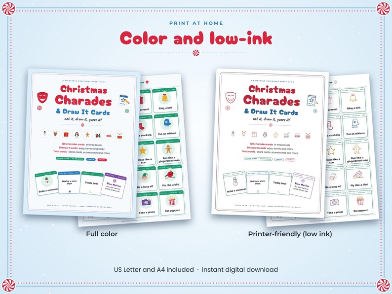 May include: A printable Christmas Charades and Draw It Cards game set featuring two versions: a full-color edition and a printer-friendly low-ink edition. The sheets include instructions, game cards with icons, and text prompts for holiday activities.