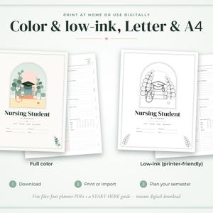 May include: A Nursing Student planner digital download featuring a full-color version and a low-ink printer-friendly version. Each page displays an arched graphic with a graduation cap, stethoscope, and foliage. Text includes Nursing Student Planner.