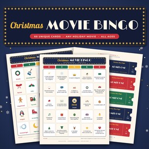 May include: A Christmas Movie Bingo game set featuring a dark blue header with gold lights and the text "Christmas MOVIE BINGO". The set includes printed bingo cards with holiday icons and text, plus "ADMIT ONE" movie tickets.