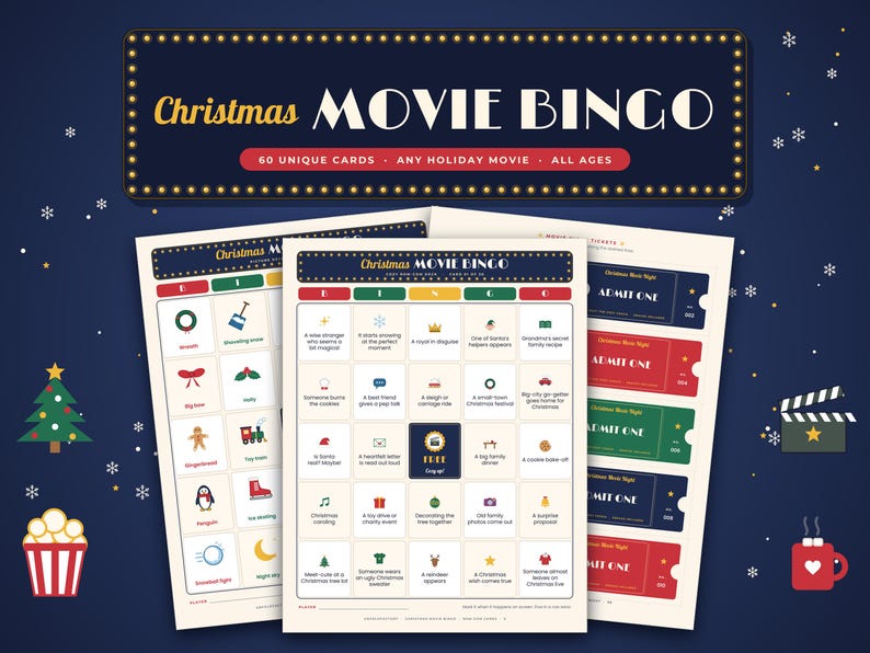 May include: A Christmas Movie Bingo game set featuring a dark blue header with gold lights and the text "Christmas MOVIE BINGO". The set includes printed bingo cards with holiday icons and text, plus "ADMIT ONE" movie tickets.