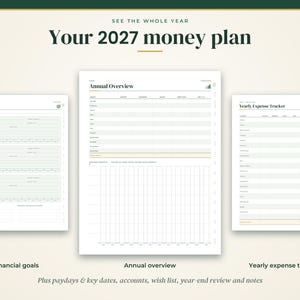 May include: A 2027 money plan digital planner set featuring three white pages with dark green text. The pages are titled Financial Goals, Annual Overview, and Yearly Expense Tracker. The layout includes tables, rows for tracking income and expenses, and a bar chart.
