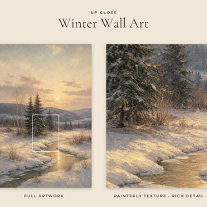 May include: Two vertical panels of wall art titled Winter Wall Art. The left panel shows a full landscape of a snowy creek at sunset with pine trees and hills. The right panel is a zoomed-in view showing painterly texture and rich detail.