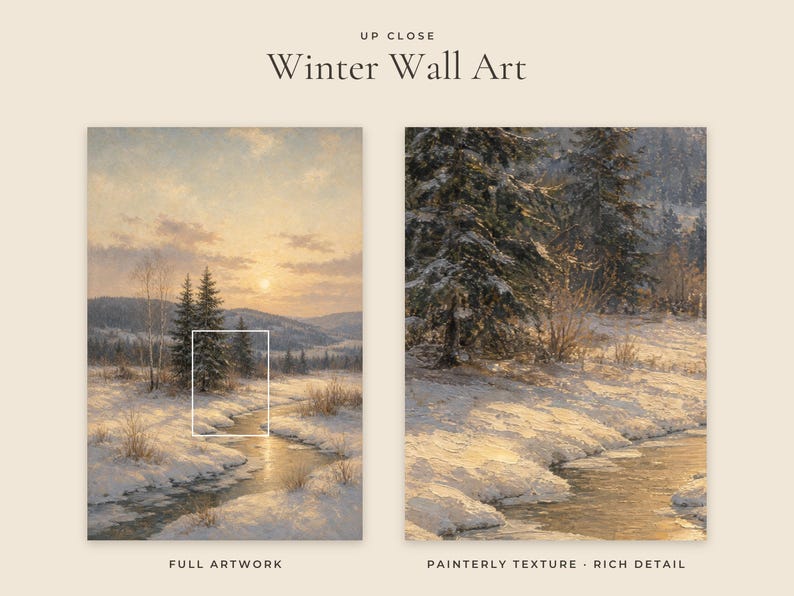 May include: Two vertical panels of wall art titled Winter Wall Art. The left panel shows a full landscape of a snowy creek at sunset with pine trees and hills. The right panel is a zoomed-in view showing painterly texture and rich detail.