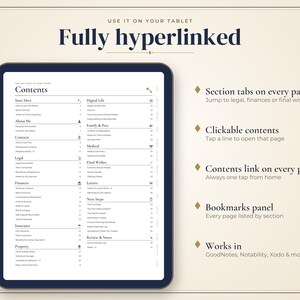 May include: A digital tablet displaying a contents page for a planner with sections for About Me, Contacts, Legal, Finances, Insurance, Property, Digital Life, Family, Medical, Final Wishes, Letters, Next Steps, and Review & Notes with hyperlinks.