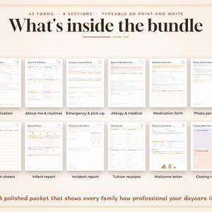 May include: A digital bundle of 43 daycare forms across 8 sections, featuring typeable or printable templates. The layout displays various documents including applications, medical forms, incident reports, and sign-in sheets with clear headings.