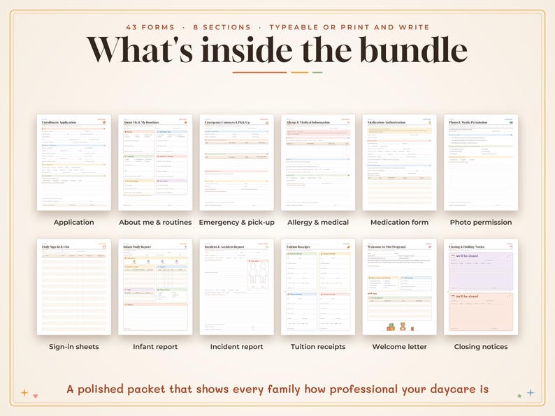 May include: A digital bundle of 43 daycare forms across 8 sections, featuring typeable or printable templates. The layout displays various documents including applications, medical forms, incident reports, and sign-in sheets with clear headings.