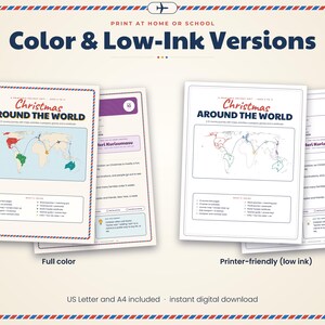 May include: A printable educational unit titled Christmas Around the World, featuring a world map with flight paths, activity lists, and text. The set includes both full-color and low-ink printer-friendly versions for home or school use.