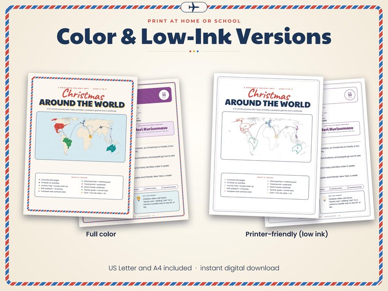 May include: A printable educational unit titled Christmas Around the World, featuring a world map with flight paths, activity lists, and text. The set includes both full-color and low-ink printer-friendly versions for home or school use.