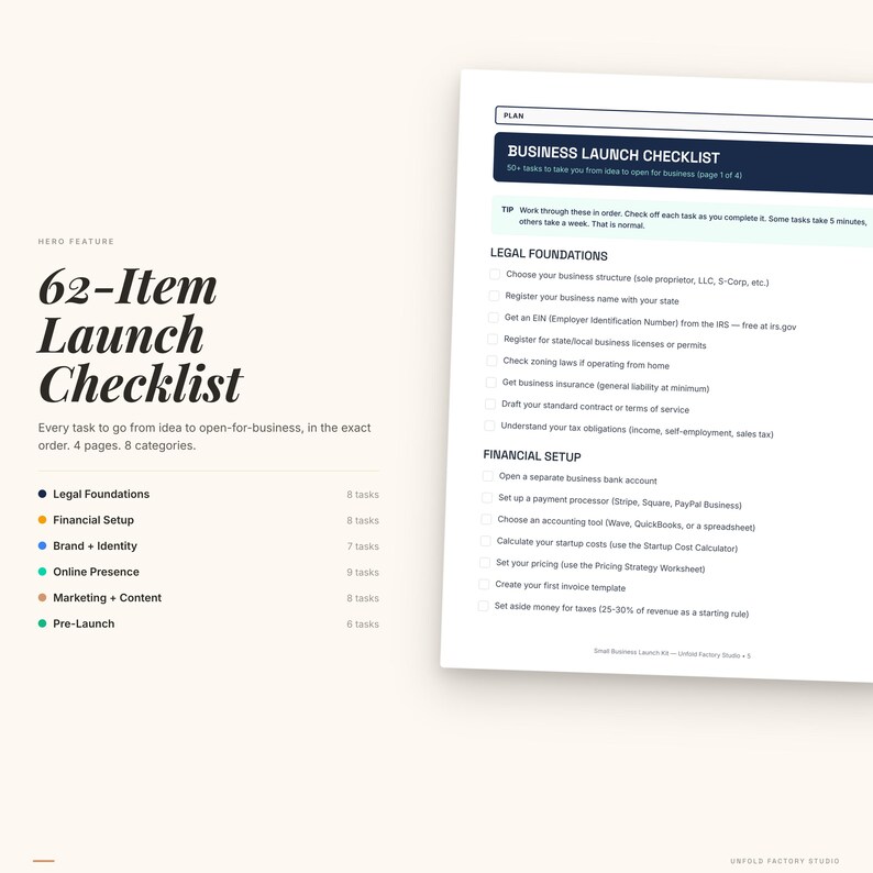 May include: A checklist titled "62-Item Launch Checklist" with a list of tasks to start a business. The checklist is divided into categories such as Legal Foundations, Financial Setup, and Online Presence. The document is on a white background.