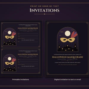 May include: Dark purple Halloween masquerade invitation set featuring a gold mask with feathers, a full moon, and a mansion silhouette. Text includes PRINT OR SEND BY TEXT, INVITATIONS, HALLOWEEN MASQUERADE, Lord Edmund Ravenscroft, and Ravenscroft Manor.
