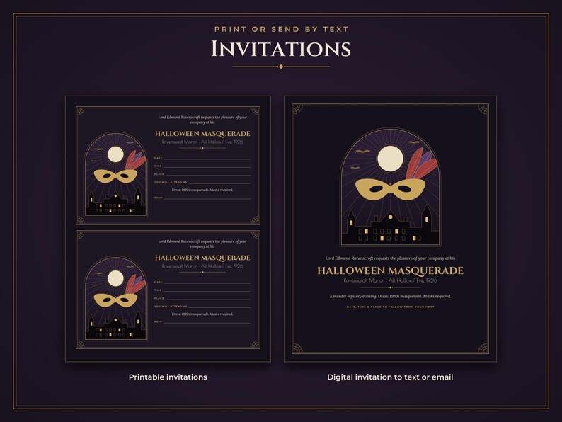 May include: Dark purple Halloween masquerade invitation set featuring a gold mask with feathers, a full moon, and a mansion silhouette. Text includes PRINT OR SEND BY TEXT, INVITATIONS, HALLOWEEN MASQUERADE, Lord Edmund Ravenscroft, and Ravenscroft Manor.