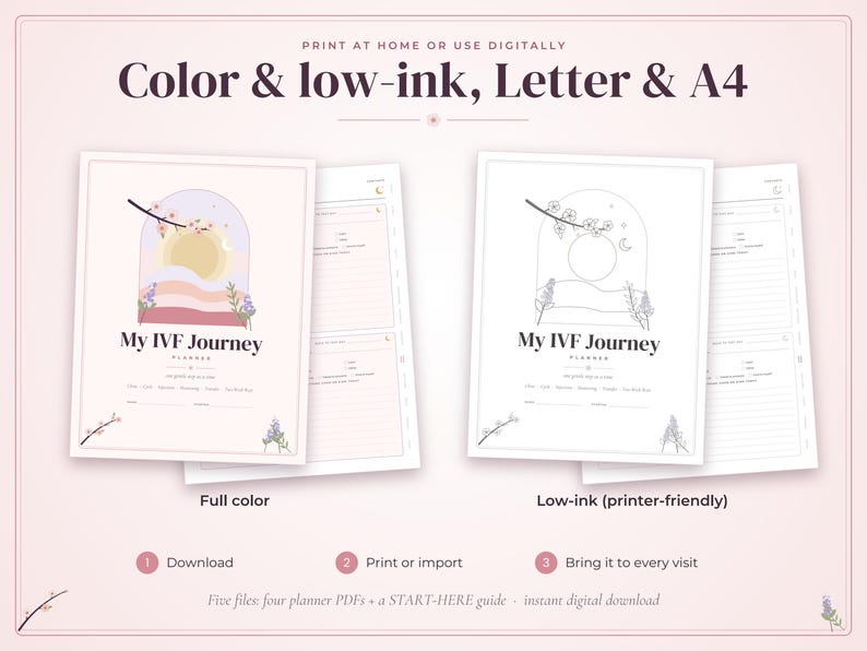 May include: A digital planner titled My IVF Journey featuring two versions: a full-color version with a sun and floral arch design, and a low-ink version with black outlines. The text includes Print at home or use digitally, Color & low-ink, Letter & A4, Download, Print or import, and Bring it to every visit.