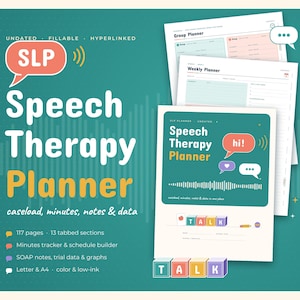 May include: A digital speech therapy planner with 117 pages and 13 tabbed sections. The cover features the text Speech Therapy Planner, SLP, and a sound wave graphic. Includes a minutes tracker, schedule builder, SOAP notes, and trial data.