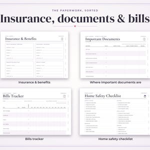 May include: A set of four white digital planner pages titled Insurance, documents & bills. The pages include Insurance & Benefits, Important Documents, Bills Tracker, and Home Safety Checklist with organized fields, checkboxes, and columns for tracking.