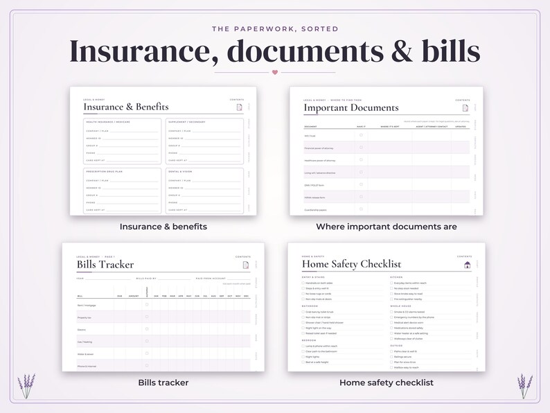 May include: A set of four white digital planner pages titled Insurance, documents & bills. The pages include Insurance & Benefits, Important Documents, Bills Tracker, and Home Safety Checklist with organized fields, checkboxes, and columns for tracking.
