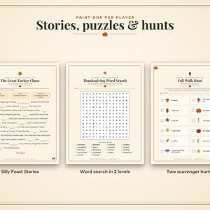 May include: A set of three printable activity sheets titled Stories, puzzles & hunts, featuring The Great Turkey Chase fill-in-the-blank story, a Thanksgiving Word Search, and a Fall Walk Hunt scavenger list with checkboxes and autumn icons.