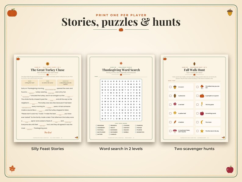 May include: A set of three printable activity sheets titled Stories, puzzles & hunts, featuring The Great Turkey Chase fill-in-the-blank story, a Thanksgiving Word Search, and a Fall Walk Hunt scavenger list with checkboxes and autumn icons.
