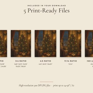 May include: A digital download set featuring 5 print-ready files of a Christmas tree scene. The text reads: INCLUDED IN YOUR DOWNLOAD 5 Print-Ready Files, 2:3 RATIO, 3:4 RATIO, 4:5 RATIO, 11:14 RATIO, ISO (A-SIZES), and High-resolution 300 DPI JPG files.