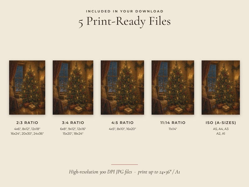May include: A digital download set featuring 5 print-ready files of a Christmas tree scene. The text reads: INCLUDED IN YOUR DOWNLOAD 5 Print-Ready Files, 2:3 RATIO, 3:4 RATIO, 4:5 RATIO, 11:14 RATIO, ISO (A-SIZES), and High-resolution 300 DPI JPG files.