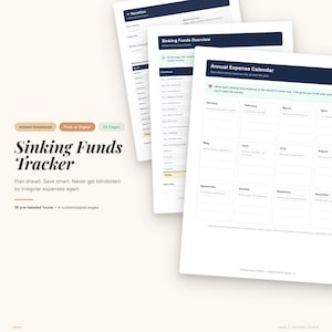 May include: A digital Sinking Funds Tracker with a white background. The tracker includes pages for vacation planning, expense overviews, and an annual expense calendar. Text on the image includes "Instant Download" and "33 Pages."