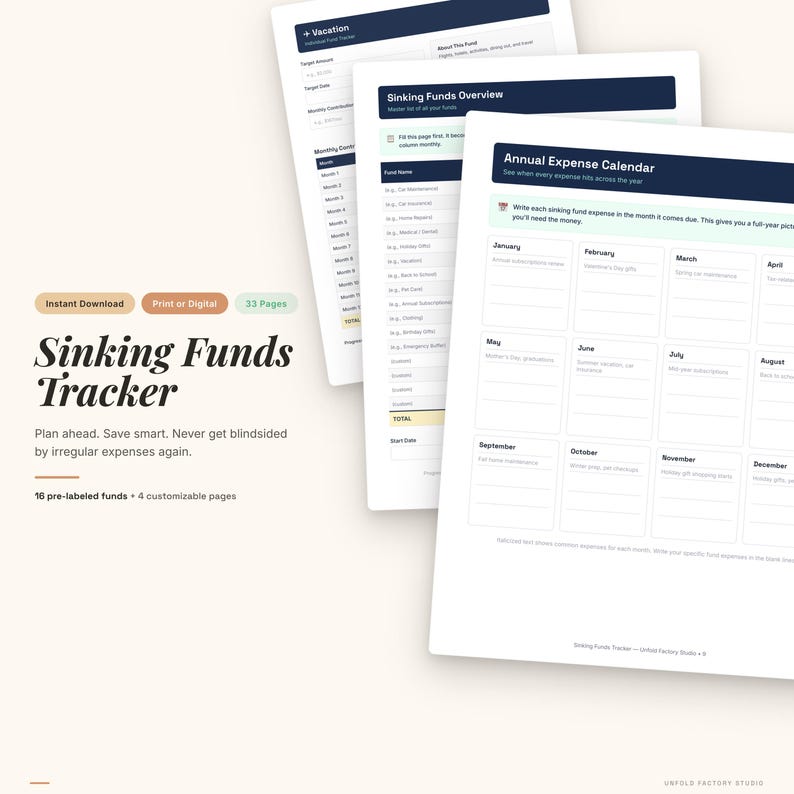 May include: A digital Sinking Funds Tracker with a white background. The tracker includes pages for vacation planning, expense overviews, and an annual expense calendar. Text on the image includes "Instant Download" and "33 Pages."