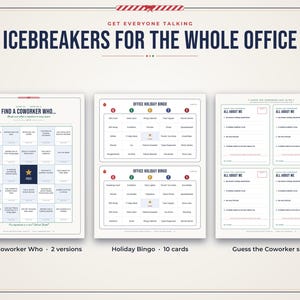 Puede incluir: Un conjunto de actividades imprimibles para romper el hielo en la oficina que incluye un juego Find a Coworker Who, dos tarjetas de Office Holiday Bingo con encabezados rojos, verdes y azules, y cuatro fichas All About Me con l&iacute;neas en blanco.