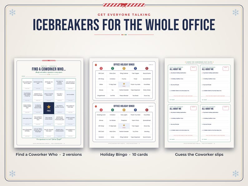 Puede incluir: Un conjunto de actividades imprimibles para romper el hielo en la oficina que incluye un juego Find a Coworker Who, dos tarjetas de Office Holiday Bingo con encabezados rojos, verdes y azules, y cuatro fichas All About Me con l&iacute;neas en blanco.