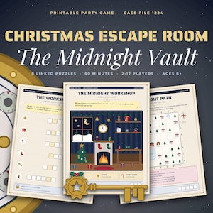 K&ouml;nnte beinhalten: Ein druckbares Weihnachts-Escape-Room-Spiel mit dem Titel The Midnight Vault, bestehend aus drei Spielbl&auml;ttern mit R&auml;tseln, einer goldenen Tresort&uuml;r-Grafik, einem goldenen Vorh&auml;ngeschloss und einem goldenen Schl&uuml;sselsymbol.