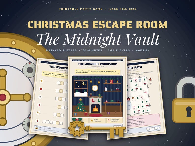 K&ouml;nnte beinhalten: Ein druckbares Weihnachts-Escape-Room-Spiel mit dem Titel The Midnight Vault, bestehend aus drei Spielbl&auml;ttern mit R&auml;tseln, einer goldenen Tresort&uuml;r-Grafik, einem goldenen Vorh&auml;ngeschloss und einem goldenen Schl&uuml;sselsymbol.