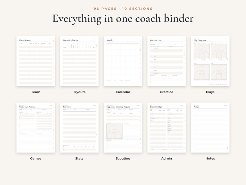 Op de afbeelding: Een digitale coach-map sjabloon met 96 pagina's en 10 secties. De lay-out bevat formulieren voor spelerslijsten, try-out evaluaties, kalenders, trainingsplannen, spelschema's, wedstrijddagplanners, statistieken, scoutingrapporten en notities.