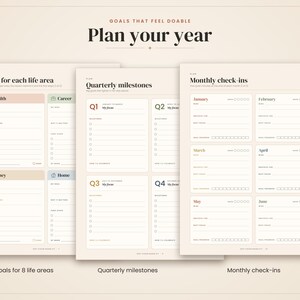May include: A set of three cream-colored goal planning sheets with dark brown text. The pages feature sections titled Plan your year, Goals for each life area, Quarterly milestones, and Monthly check-ins, with various fillable fields and checkboxes.