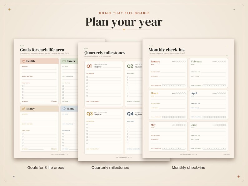 May include: A set of three cream-colored goal planning sheets with dark brown text. The pages feature sections titled Plan your year, Goals for each life area, Quarterly milestones, and Monthly check-ins, with various fillable fields and checkboxes.