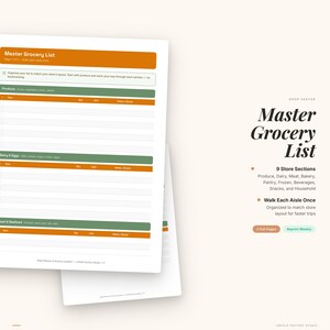 Puede incluir: Una lista de compras maestra imprimible en blanco con acentos naranjas y verdes. La lista incluye secciones para productos, l&aacute;cteos, carne, panader&iacute;a, despensa, congelados, bebidas, snacks y art&iacute;culos para el hogar. El texto dice "Shop Faster".