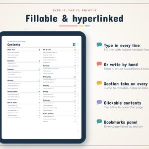 May include: A digital planner displayed on a tablet screen showing a contents page with sections for schedule, minutes, session notes, and goals. Text includes Type it, Tap it, Print it, Fillable & hyperlinked, and feature descriptions.